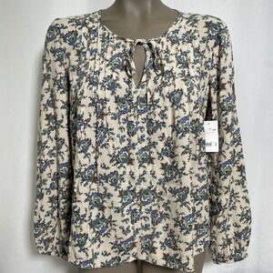 Lucky Brand Blue Floral Pintuck Tie Neck Boho Viscose Blouse Top Women's XS NWT